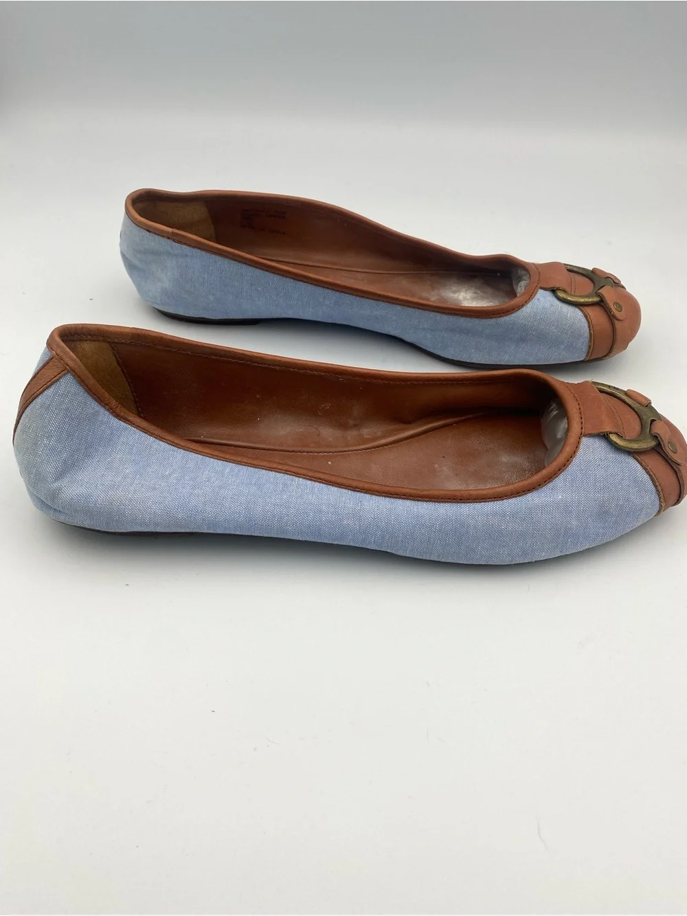 Lauren Ralph Lauren Light Blue Canvas & Brown Leather Ballet Flats
